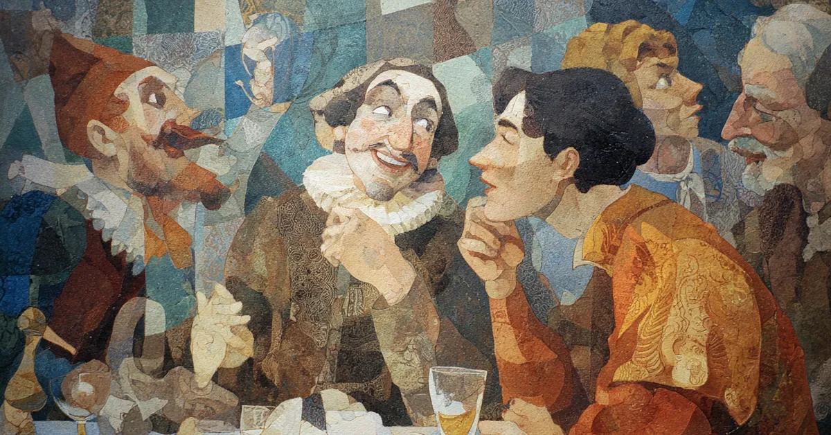 Maria telling Toby and Fabian the prank�s success as laughter fills the hall in Act 3 Scene 2