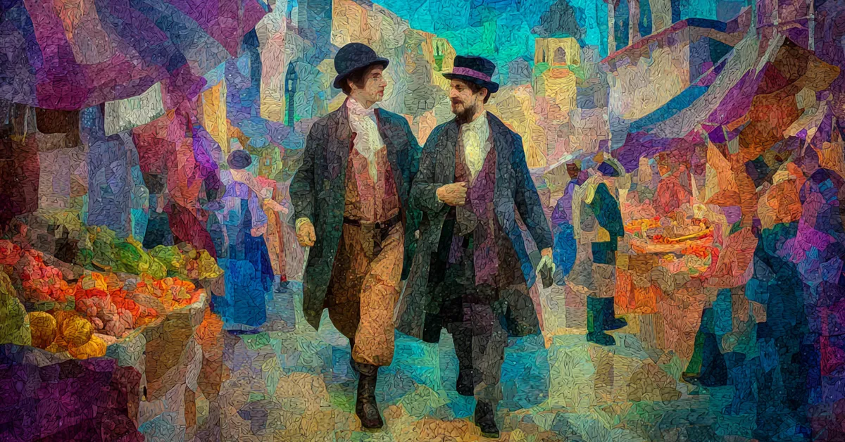 Sebastian and Antonio walking together through Illyria�s market in Act 3 Scene 3