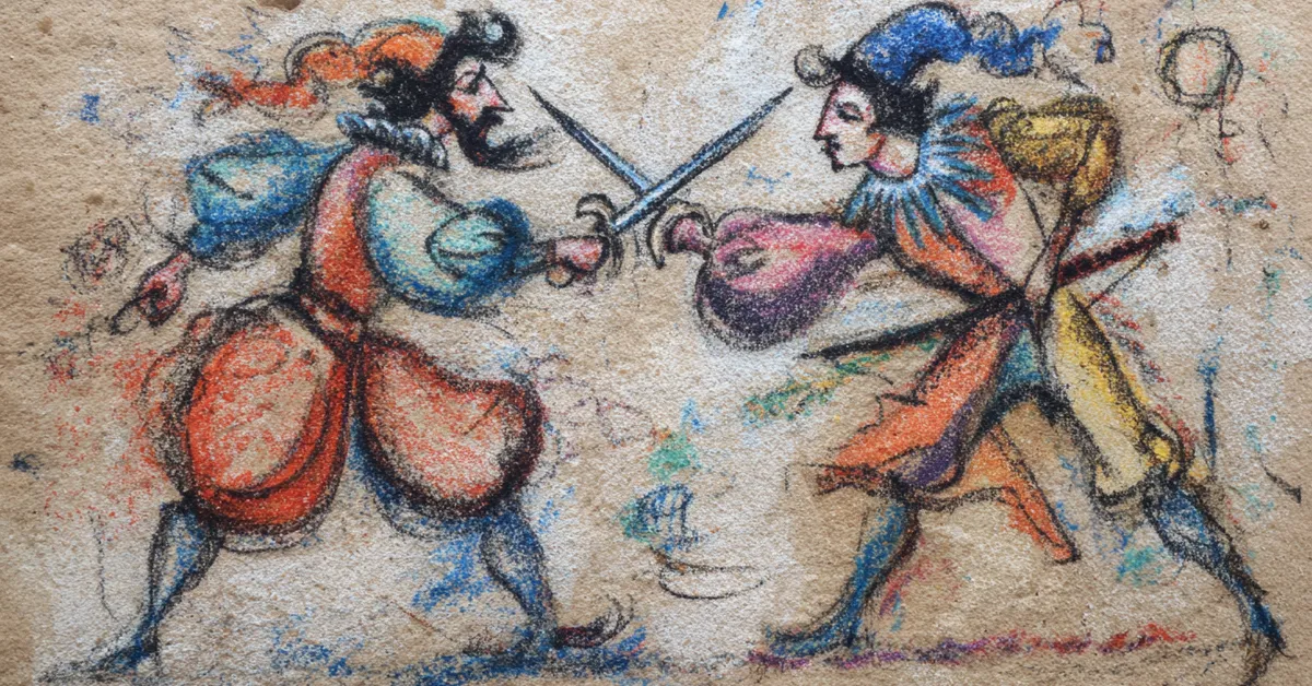 Cesario and Sir Andrew drawing swords as Toby urges them on in Act 3 Scene 4