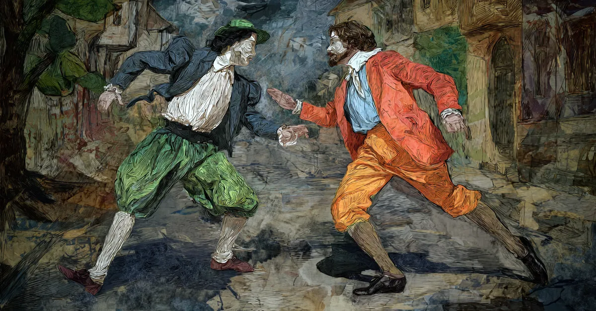 Sebastian defending himself in a street brawl mistaken for Cesario in Act 4 Scene 1
