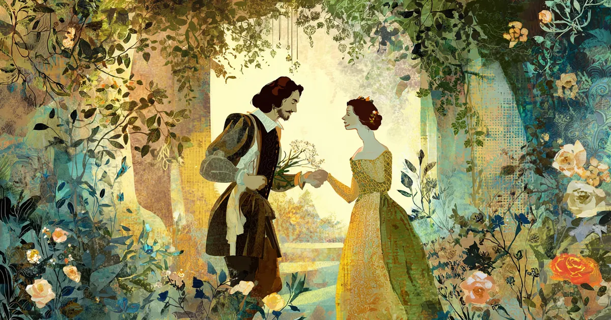 Sebastian and Olivia exchanging vows in her garden under sunlight in Act 4 Scene 3