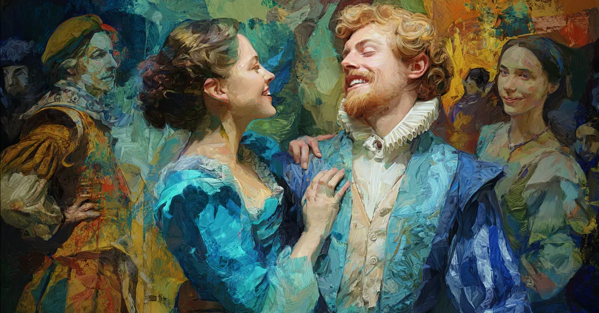 Viola and Sebastian joyfully reunited as Orsino and Olivia look on in Act 5 of Twelfth Night