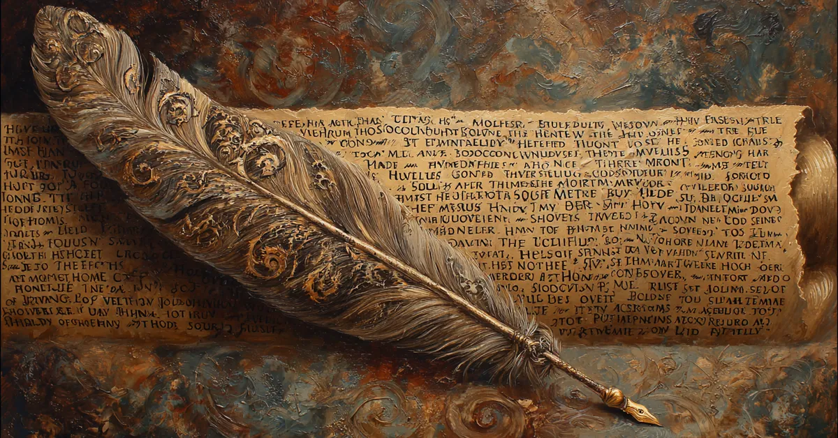 Scroll of famous quotes from Twelfth Night written in ornate lettering beside a feather quill