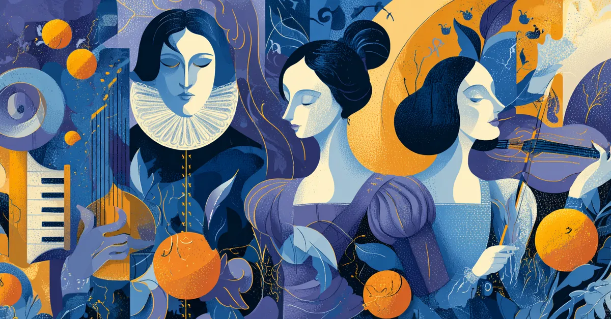 Illustration of Viola disguised as Cesario, Orsino playing music, and Olivia gazing toward them in Illyria from Twelfth Night