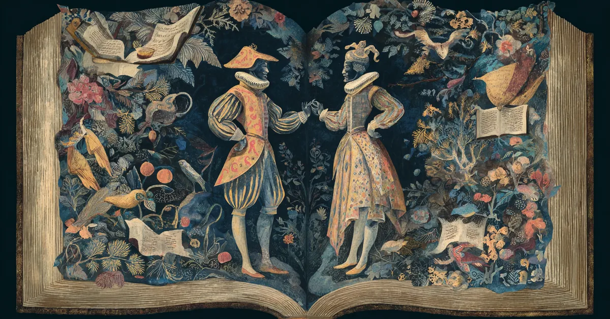 Open book with motifs of disguise, gender, and mistaken identity illustrating literary devices from Twelfth Night