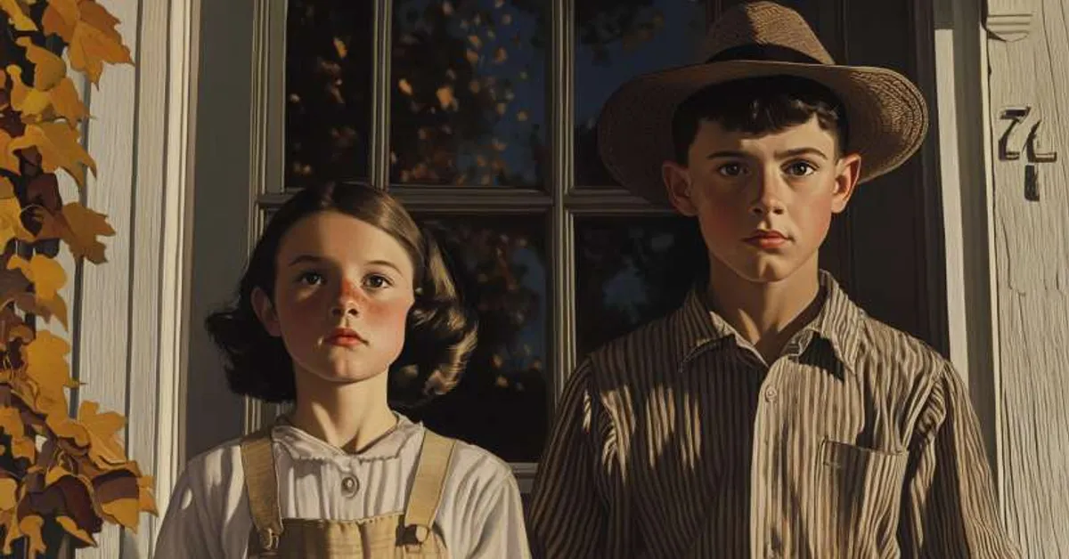 Two children standing on a porch in autumn leaves with serious expressions