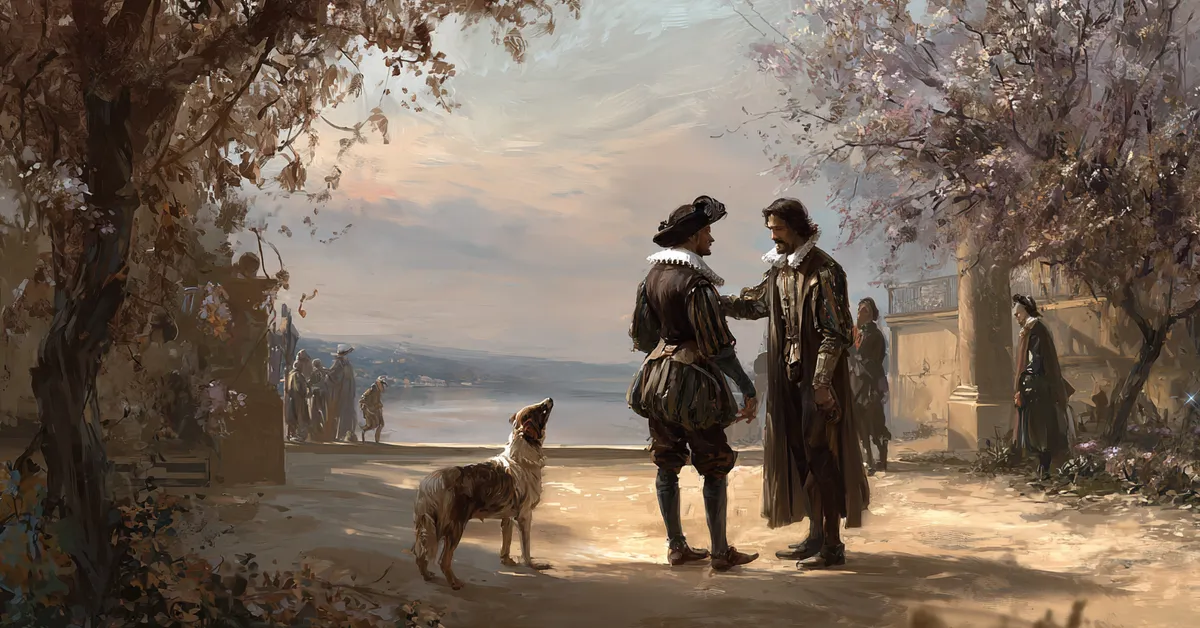 Valentine saying farewell to Proteus as he departs for Milan while Launce stands nearby with his dog in Act 1