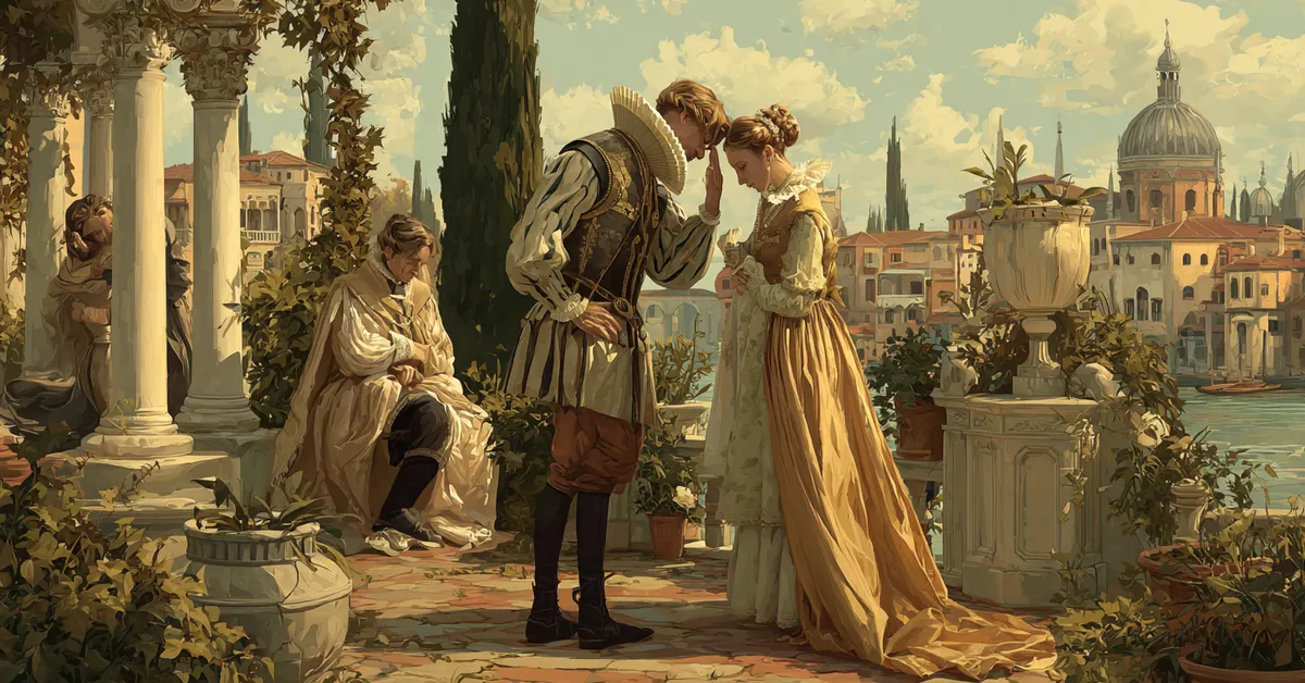 Court of Milan with the Duke, Silvia, and Proteus exchanging tense glances in Act 3 of The Two Gentlemen Of Verona