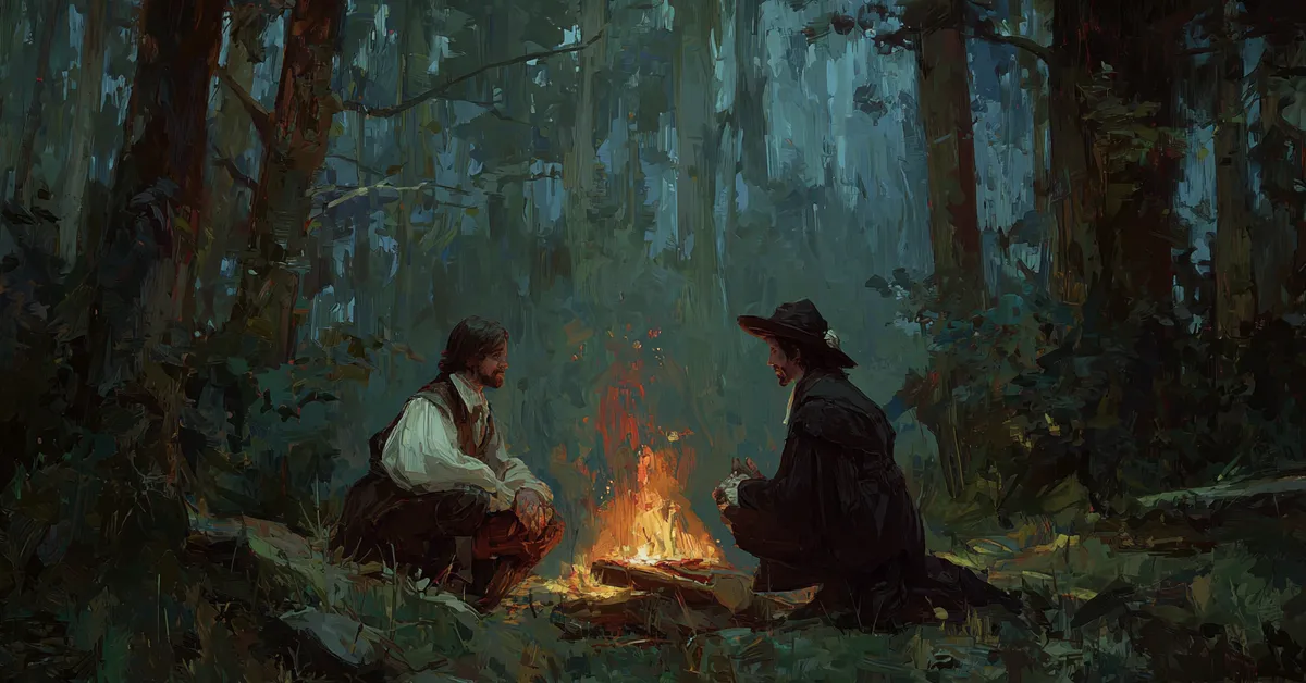 Valentine among forest outlaws sharing bread by a campfire under the trees in Act 4 of The Two Gentlemen Of Verona