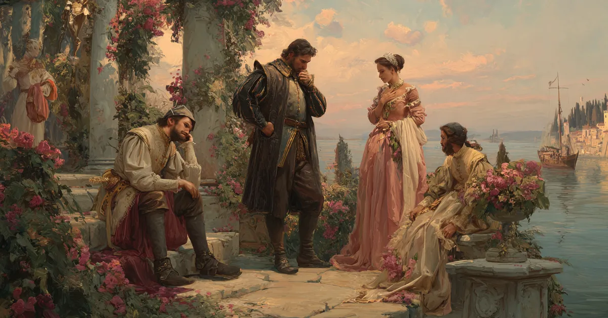 Valentine reconciling Proteus and Julia beside the Duke as peace is restored in Act 5 of The Two Gentlemen Of Verona