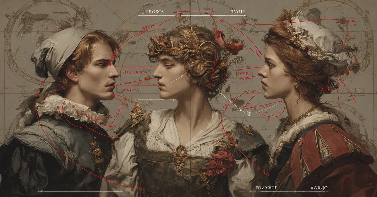 Character chart linking Valentine, Proteus, Julia, Silvia, and Launce with arrows showing friendship, betrayal, and forgiveness