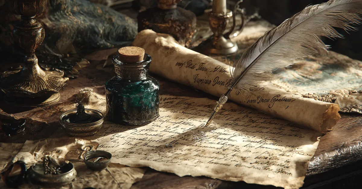 Scroll of handwritten quotes from The Two Gentlemen Of Verona placed beside an inkpot and quill