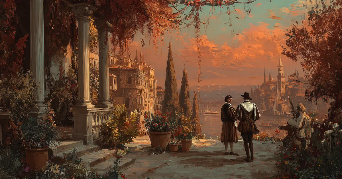 Illustration of Verona and Milan with Valentine and Proteus parting under sunrise from The Two Gentlemen Of Verona