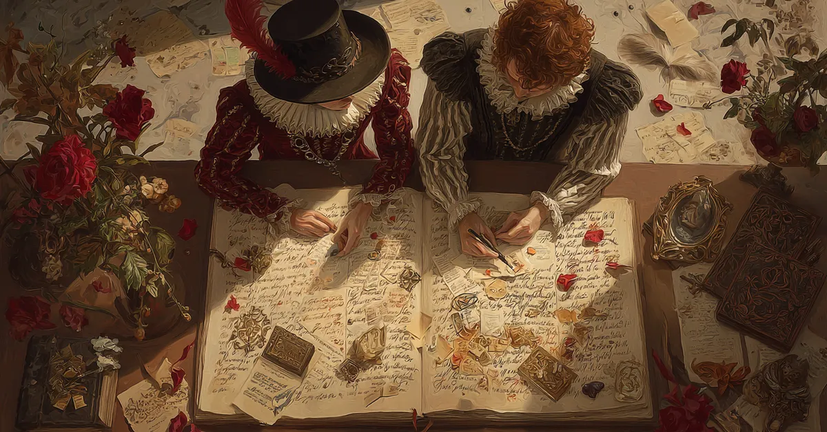 Open book featuring symbols of loyalty, disguise, and love letters illustrating literary devices from The Two Gentlemen Of Verona