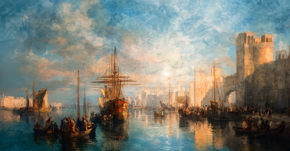 A bustling harbor in Tyre where a ship prepares to depart with sailors loading cargo reflecting Pericles� escape in Pericles Prince Of Tyre Act 2