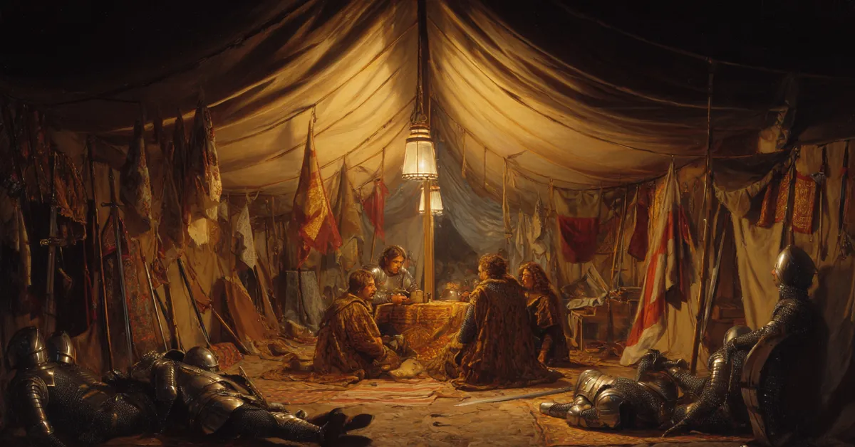 A war tent where leaders meet by lantern light while armor and standards rest nearby marking the closing negotiations of King John Act 5 Scene 7