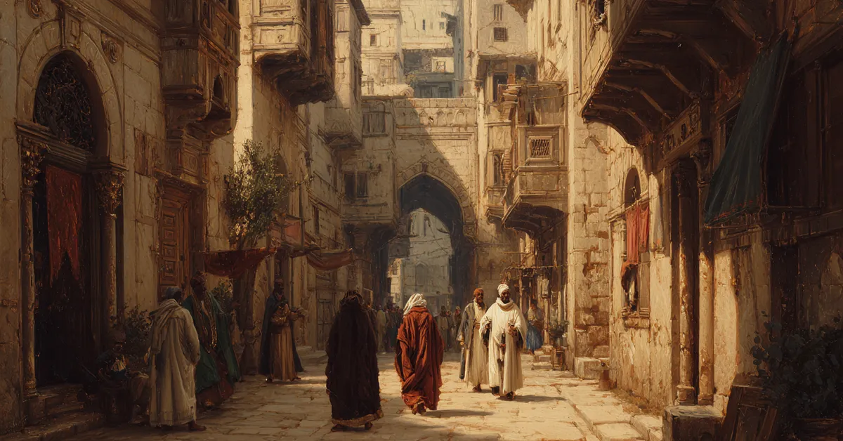 Torchlit Venetian streets where figures hurry through narrow passages capturing the unrest in Othello Act 1