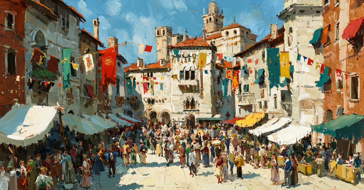 A lively Verona square filled with market stalls and bright banners introducing the world of Romeo and Juliet Act 1