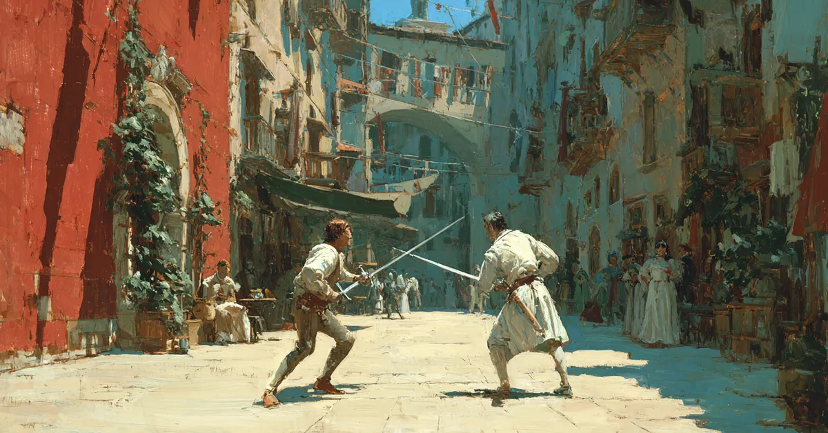 A Verona street where two swordfighters face off under the midday sun reflecting the conflict in Romeo and Juliet Act 3