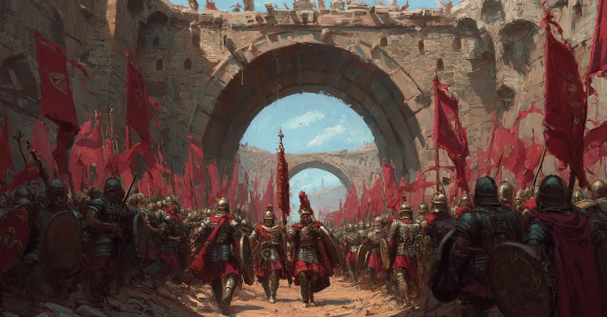 A victorious legion marching beneath a stone arch with banners raised connecting directly to Titus Andronicus Act 1