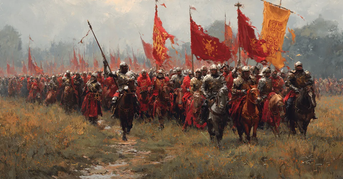 Victorious troops returning to camp carrying banners showing the resolution of Henry IV Part 1 Act 5 Scene 5