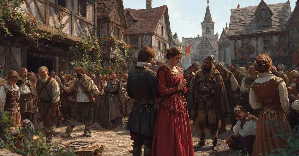 A village square filled with worried citizens as news spreads representing public unease in Richard II Act 2 Scene 2