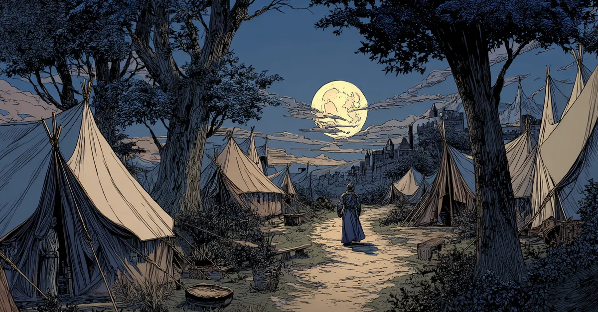 A war camp path where an armed soldier walks past tents under the moon tying to Troilus and Cressida Act 5 Scene 1