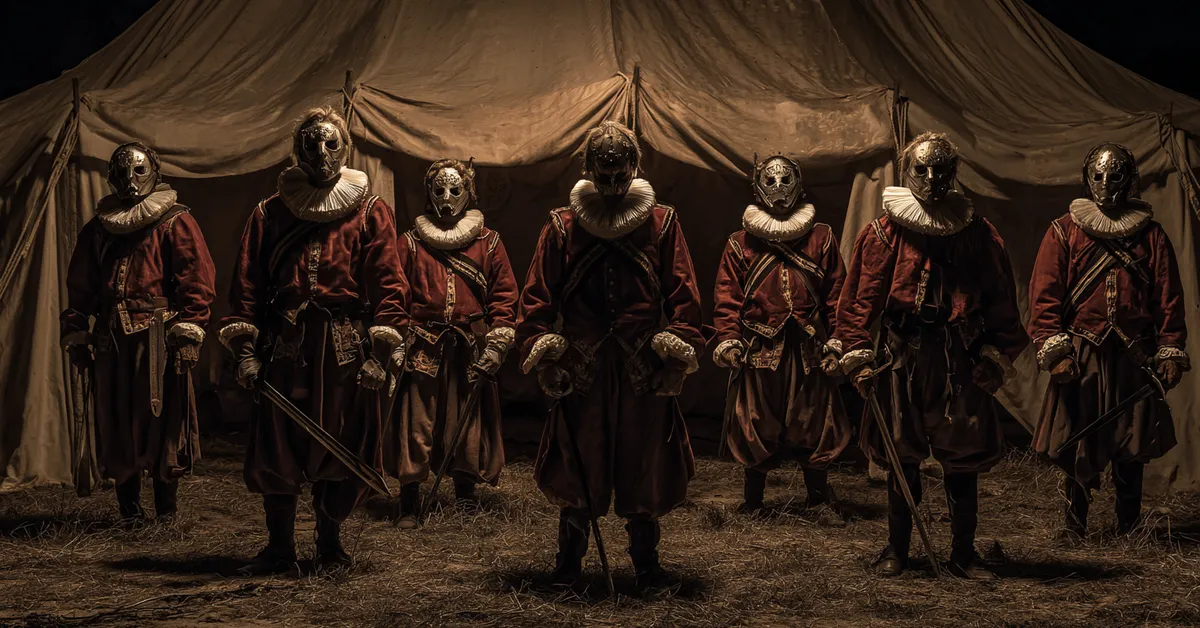 A war camp where commanders stand ready with weapons for Macbeth Act 5 Scene 6