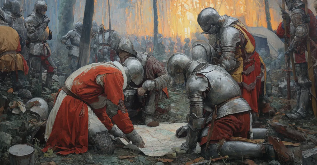 A war camp at dawn where soldiers tighten armor straps and strategists bend over a map reflecting preparation in Henry VI Part 3 Act 4