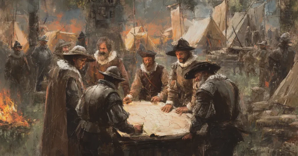 A war camp where strategists lean over maps near campfires while soldiers prepare outside connecting to the planning in Henry VI Part 1 Act 4