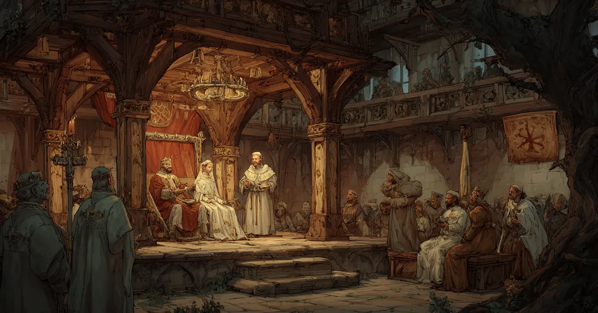 A war council where priests and princes argue beneath carved beams anchoring Troilus and Cressida Act 1 Scene 3