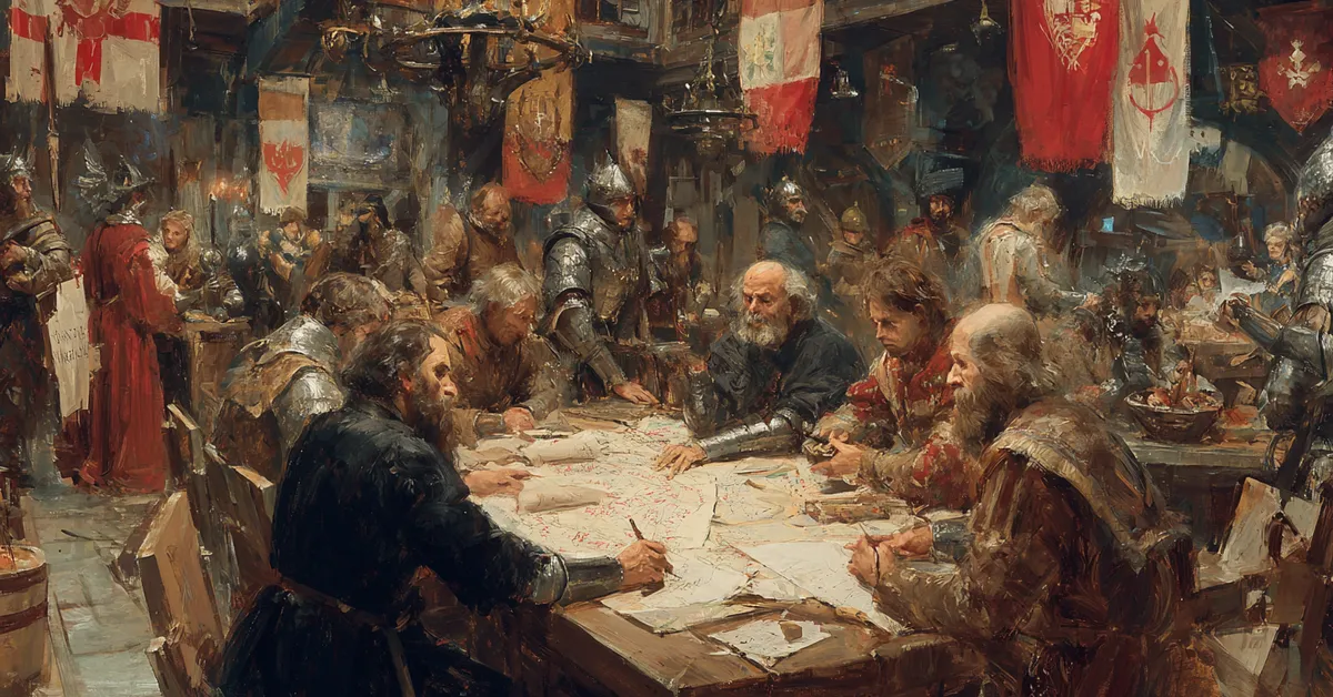 A war room crowded with maps banners and markers where commanders plan their moves tying to the strategy of King John Act 3 Scene 3