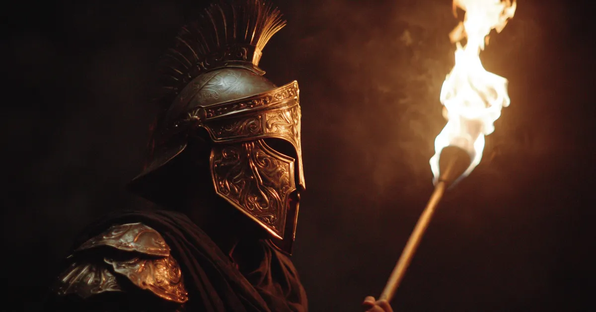 A warlord in an iron helm gripping a spear under torchlight presenting Troilus and Cressida Act 5 Scene 4