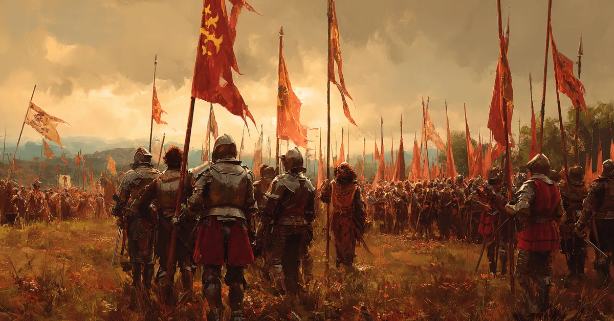 Warriors assembling with raised banners in an open field linking to the preparations in Henry IV Part 1 Act 4 Scene 1