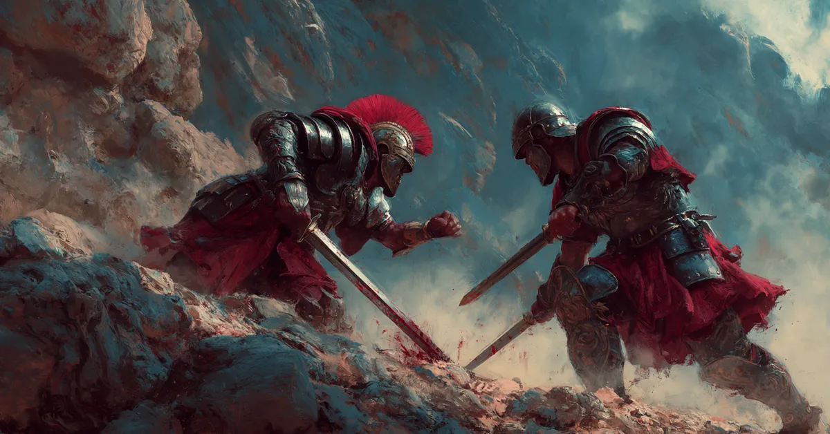 Two armored warriors clashing on rocky ground illustrating the duel in Act 1 Scene 8