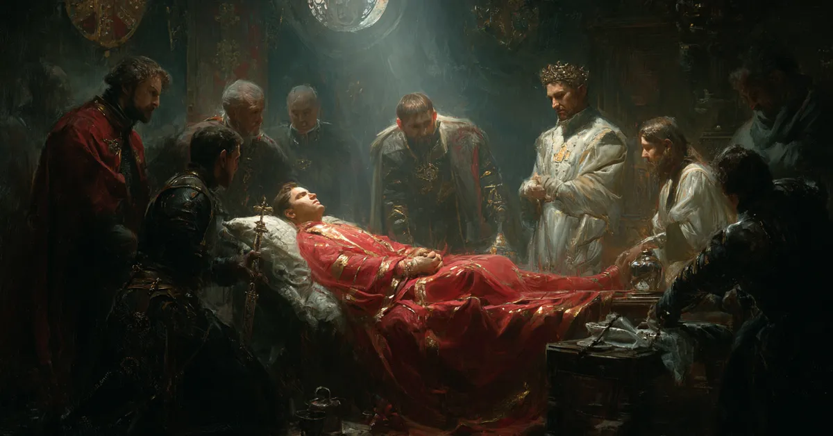 A weak king lying in a darkened room surrounded by anxious courtiers depicting failing power in Richard II Act 2 Scene 1
