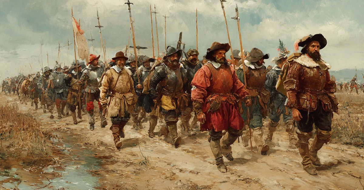 Weary soldiers marching along a muddy road carrying pikes and wearing mismatched armor showing the strain of war in Henry IV Part 2 Act 4 Scene 2