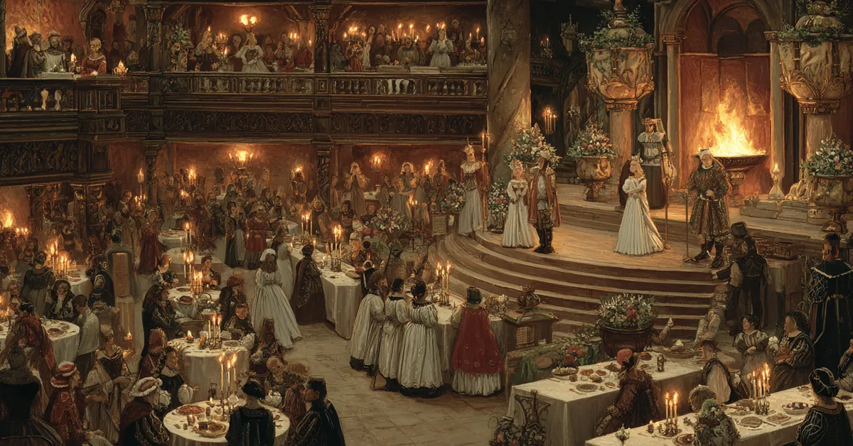 A wedding hall lit by torches with assembled nobles preparing for ceremony illustrating The Two Noble Kinsmen Act 5