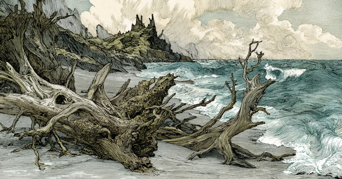 A windswept island shore with breaking waves and twisted driftwood capturing the setting of The Tempest Act 1