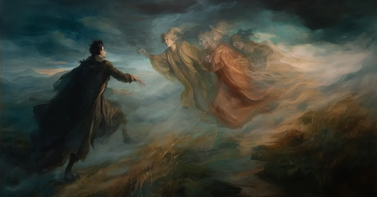 Windswept moors where two figures meet three witches referencing the prophecy in Macbeth Act 1 Scene 3