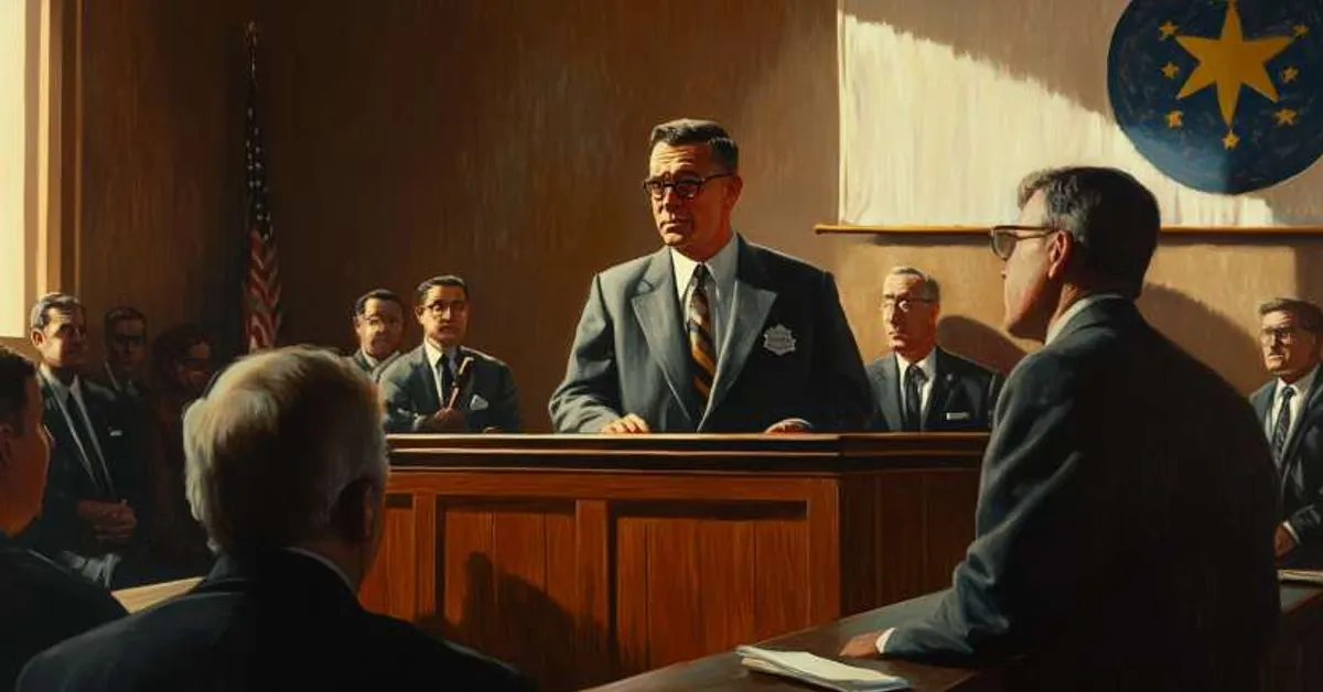 A man testifying at the witness stand while a group of officials listens closely