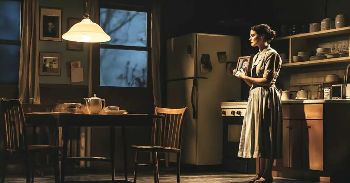 A woman stands alone in a dim kitchen holding a framed photo, evoking quiet reflection in All My Sons Character Matching Quiz.