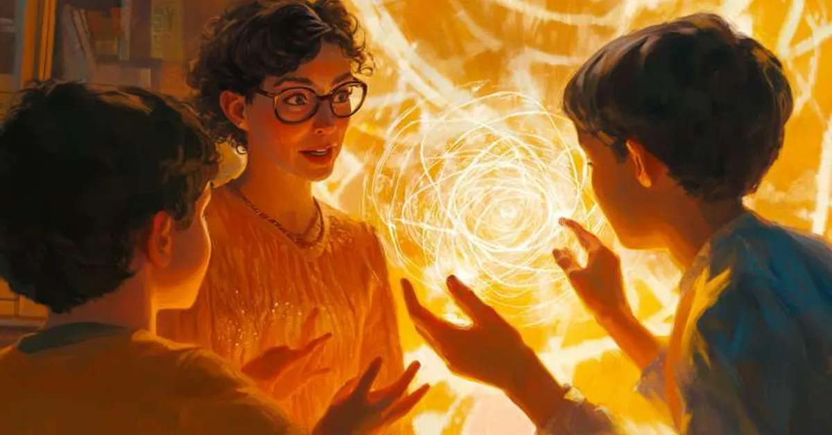 A woman with glasses teaches two boys surrounded by golden light representing guidance in A Wrinkle In Time Chapter 5.