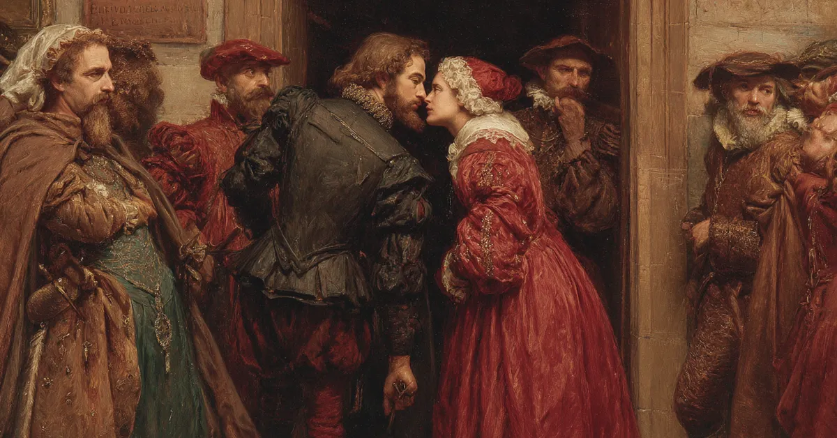Courtiers whispering anxiously in a narrow hallway showing the unrest seen in Hamlet Act 4 Scene 1