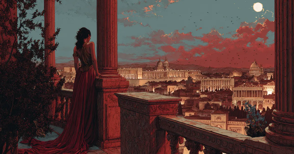 A worried woman standing on a balcony looking toward the Capitol highlighting the tension in The Tragedy Of Julius Caesar Act 2 Scene 4