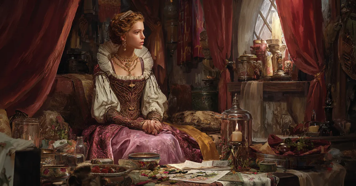 A young noblewoman seated in a family chamber with embroidery materials referencing Ophelia in Hamlet Act 1 Scene 3