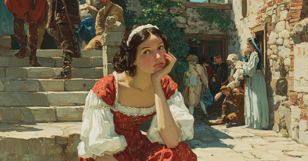 A young woman listening impatiently to her messenger in a courtyard reflecting Romeo and Juliet Act 2 Scene 5