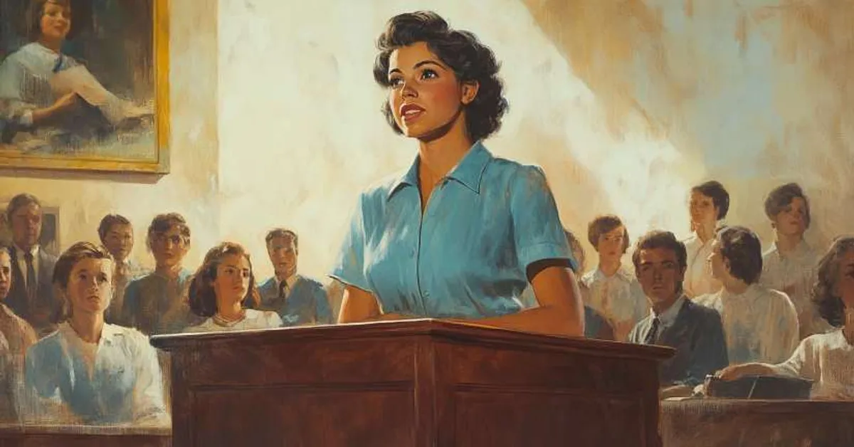 A young woman standing at the witness stand speaking confidently to the courtroom