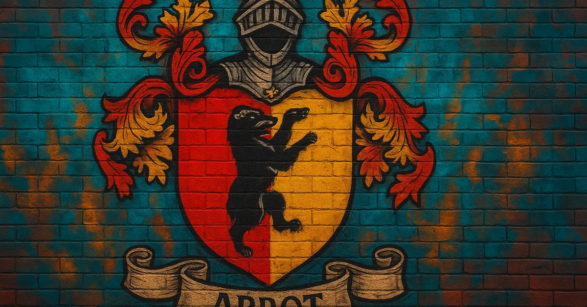 graffiti mural of the Abbott Family coat of arms featuring a black badger on a split red and gold shield topped with a knight helmet on a brick wall