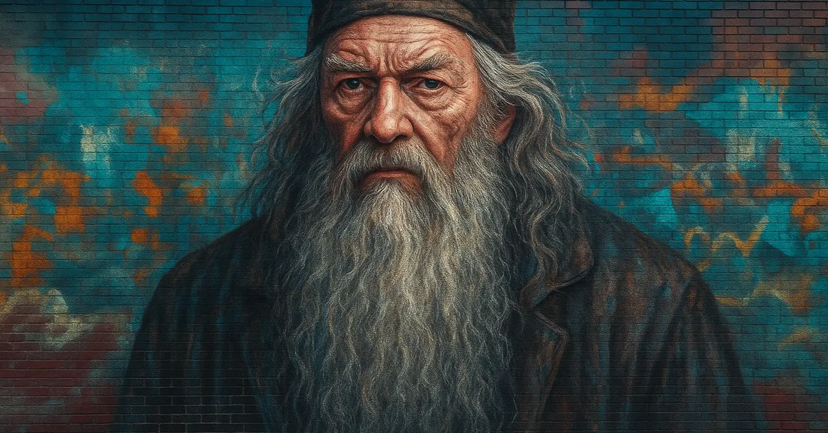 hyper-realistic street art portrait of Aberforth Dumbledore, depicting an elderly man with a long unkempt grey beard and a wool cap staring intensely from a brick wall